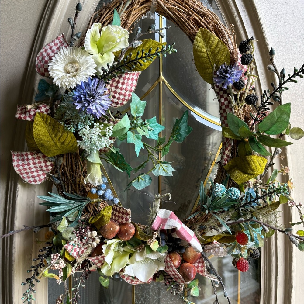 2 Mackenzie Childs Floral Grapevine   with Mixed Flowers.
